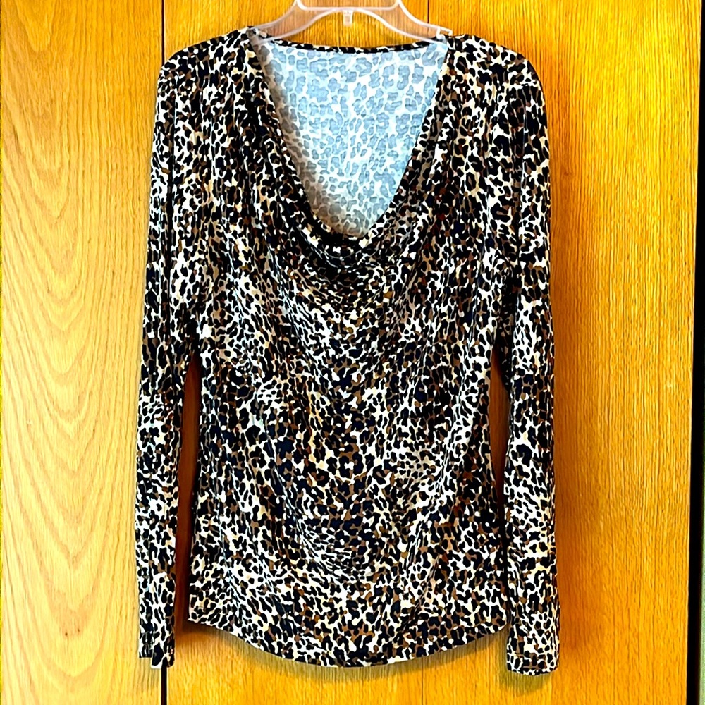 Spense Leopard print drape neck LS viscose blend top tee black tan brown VGUC